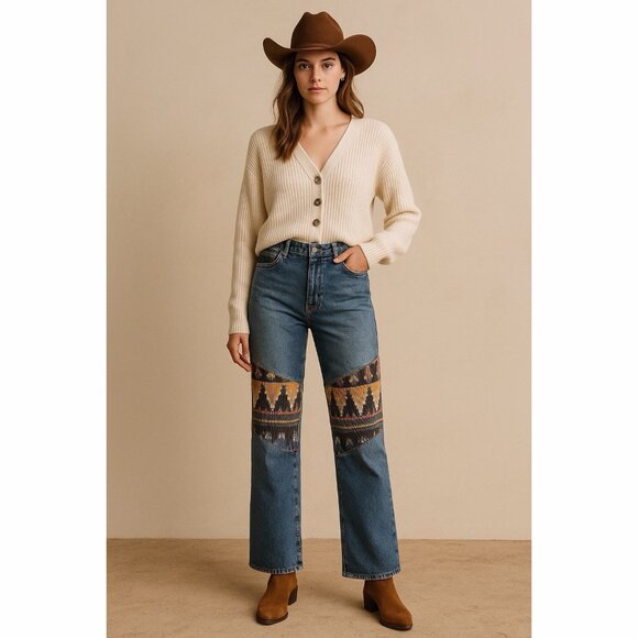 We The Free FP Patchwork Jeans Women’s 29 High Rise Corduroy Trim Boho Western - Picture 1 of 15